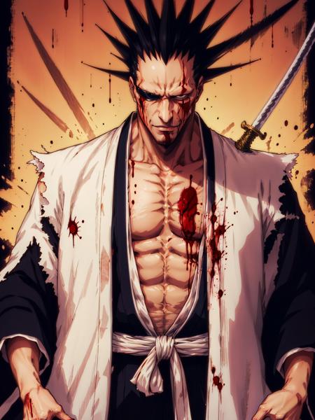 01885-924398592-masterpiece, best quality, Kenpachi Zaraki, spiked hair, sword, japanese clothes, blood, yellow background.jpg